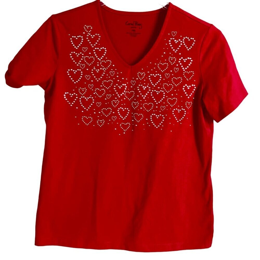 Coral Bay Petite V-Neck Red Heart Studded Short Sleeve Top PM NEW